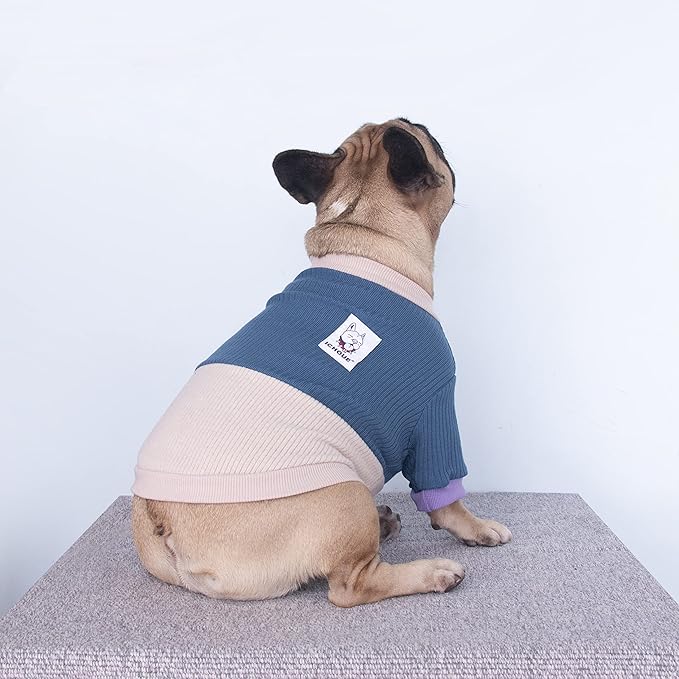 iChoue Pet Dog Crewneck Sweater Color Block Pullover Winter Warm Clothes for English Bulldog Bully Pitbull - Lake Blue and Yellow/XLarge