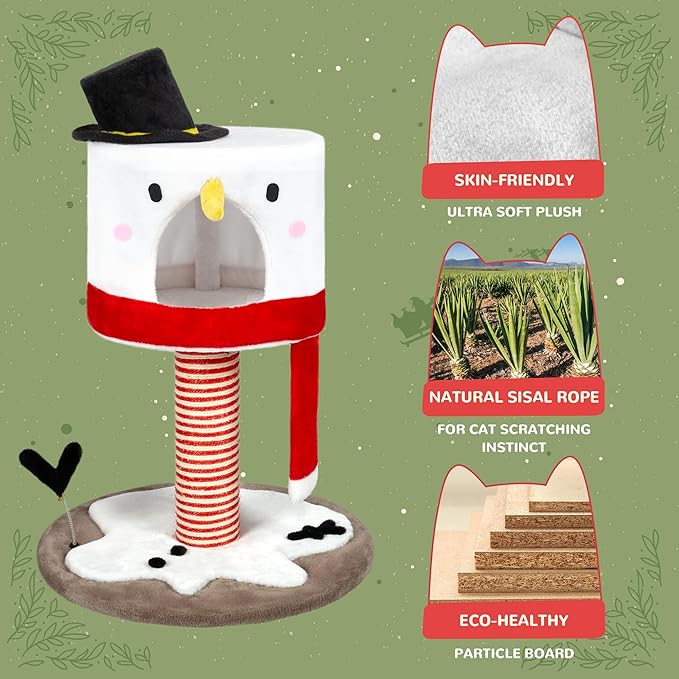 NUNU LAB 35'' Christmas Cat Tree Tower, Indoor Modern Cat Tower with Sisal Ramp Scratching Posts, Cozy Basket, Hammocks, Lage Cats Pet Activity Structure