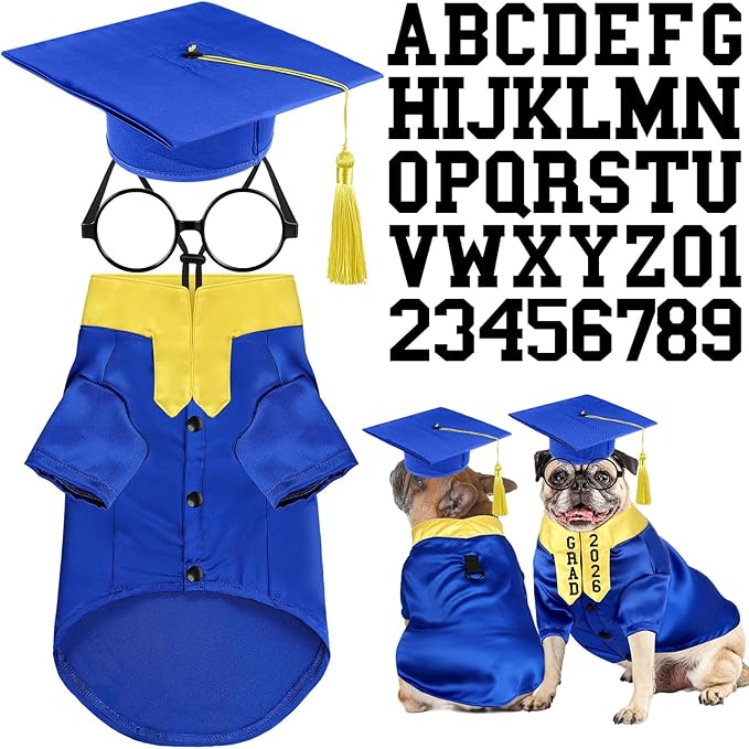 5 Pcs Dog Graduation Costume Set Include 2026 Pet Graduation Gown with Stole Puppy Grad Cap Lensless Glasses DIY Letter Stickers for Dogs Cats Holiday Costume Accessory(Blue Yellow,M)