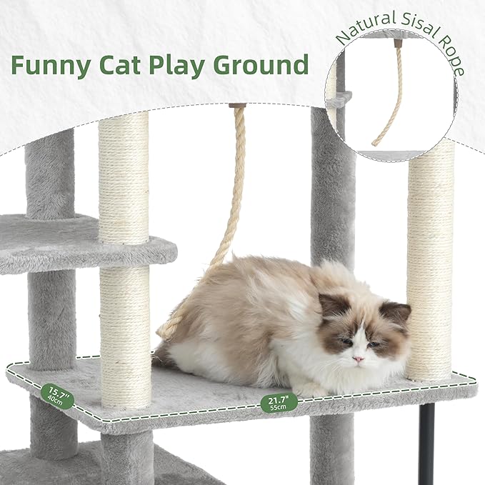 Cat Tree for Indoor Cats Large Adult, 70.5'' Cat Tower with Scratching Post, Sturdy Steel Pube Cat Tree Tower with Large Playing Platfrom, Hammock and Basket, Top Perch, Light Gray GCT024W