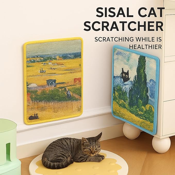 Cat Nail File Scratching Board, Natural Art Cat Scratcher, Wall-Mounted, Corner-Mounted, or Floor-Mounted, 15" x 12" Sisal Mat for Nail Trimming and Furniture Protection (Yellow Harvest)