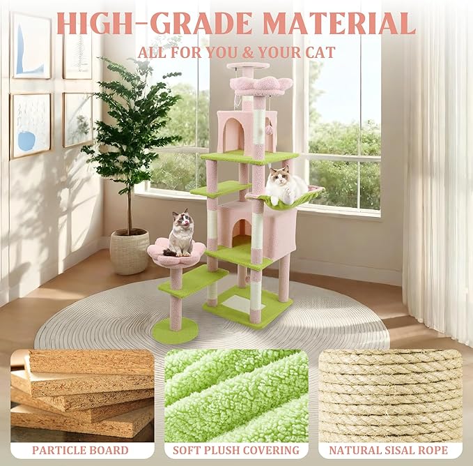 Adorable Flower Cat Tree Tower – Multi-Level Cat House with Cozy Condo, Scrat Ching Posts, Hammock & Play Perch for Indoor Cats, Large Top Perch, Hammock, Tall Pet Climbing Stand (Pink 71”)