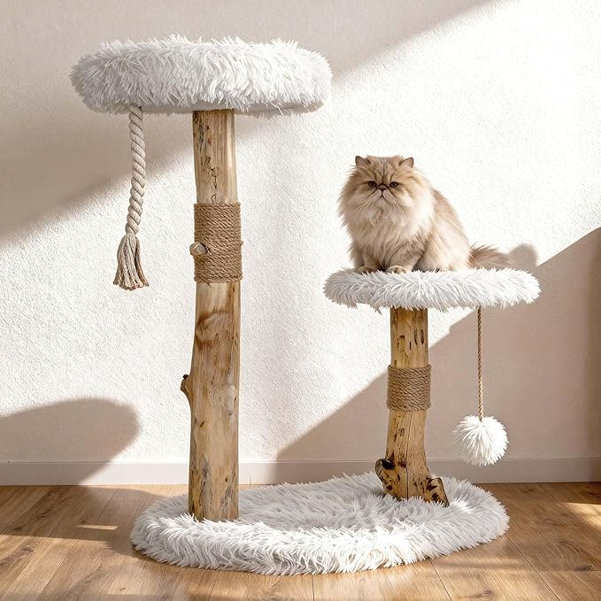 Modern Cat Tree Tower for Indoor Cats, 33" Luxury Cats Trees Natural Solid Wooden with Sisal Scratching Post, Log Style Cat Furniture with Perches Platform & Toy Ball，Primary Colors