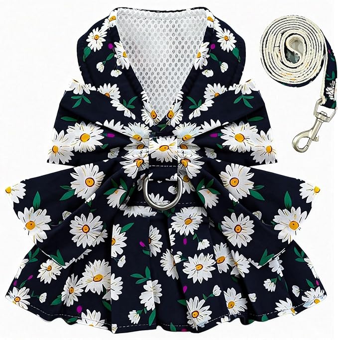 BAEJMJK Dog Dress Bowknot Harness Leash Set for Small Dogs Cats Daisy Floral Girl Dog Dresses Cute Puppy Princess Clothes Pet Doggy Outfits Spring Summer Breathable Dresses (Medium, Navy Blue)