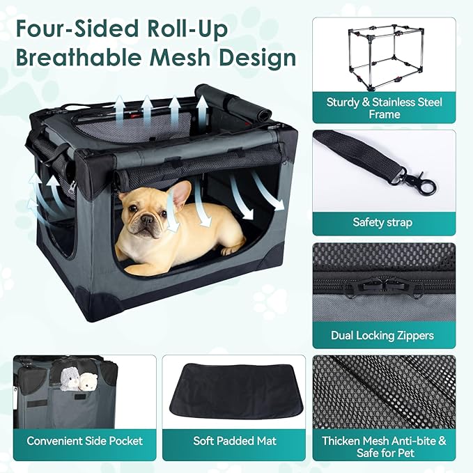 Soft Small Dog Crate - 24 inch Portable Travel Puppy Crate for Small Pets or 2 Cats, Collapsible Pet Carrier with 4 Mesh Doors, Car Kennel for Dogs with Handle for Indoor and Outdoor, Grey