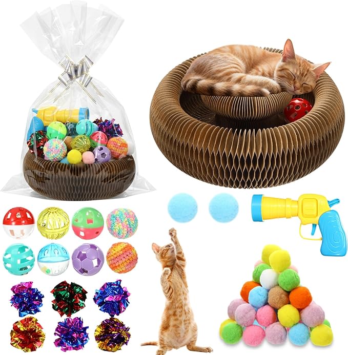 Zopeal 64 Pcs Easter Cat Toy Gift Set Magic Cat Scratcher Board Ball Launcher Gun Crinkle and Yarn and Plastic Bell Ball Kitten Toy with Bow for Pet Interactive Engaging Gift(Organ Shape)