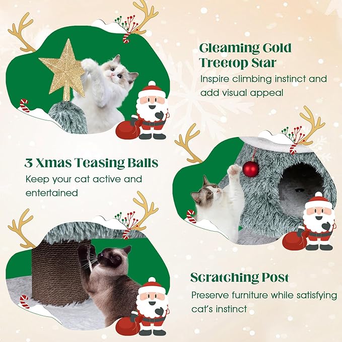 PETSITE 48.5 Inches Cat Christmas Tree, Cute Cat Tower with Scratching Post, 2 Comfy Condos and Decorative Festival Dangling Balls, Star-Shaped Ornament Sits at The Top, Soft Polar Fleece Covered