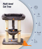 Happi N Pets 28" Cat Tree, Large Bed for Big Cats, Small Cat Tower with Soft Perch for Window Viewing, Stable Cat Tree Tower, Cat Scratching Post with Hammock, Removable Cover-Gray