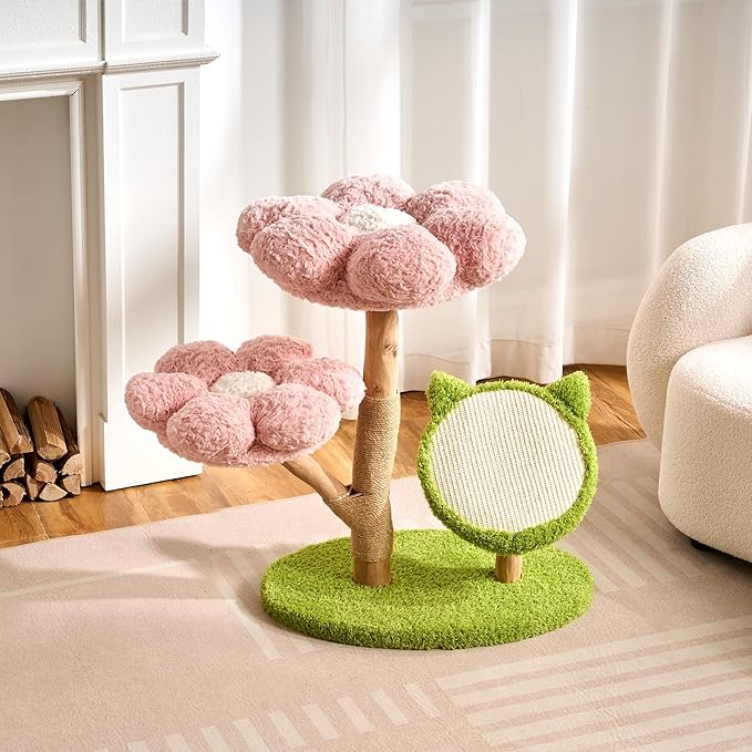 797Audio Natural Wood Flower Cat Tree, Modern Cat Tower with Real Solid Wood Branch, Luxury Aesthetic Cat Tree with Scratching Post, Scratch Pad, Cat Tree Tower for Indoor Large Adult Cats, Baby Pink