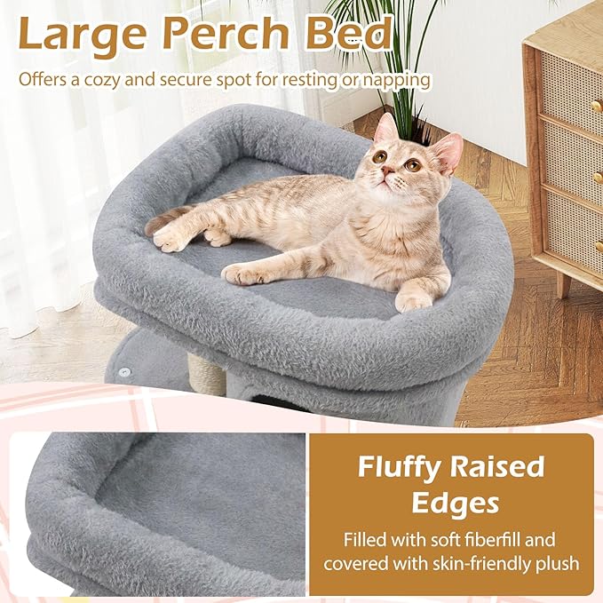 Tangkula Small Cat Tree for Indoor Cats, 26 Inch Cat Tower with Sisal Scratching Posts, Dual Cat Condos with Large Padded Push Perch, Modern Cat Climbing Furniture Activity Center (Light Grey)