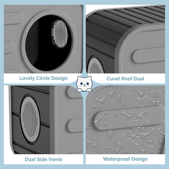 NUNU LAB Plastic Cat House Outdoor, Cats House for Indoor, Weatherproof Cat House, Camera Shaped Design, with Escape Door, for Small to Medium Cats (Grey)