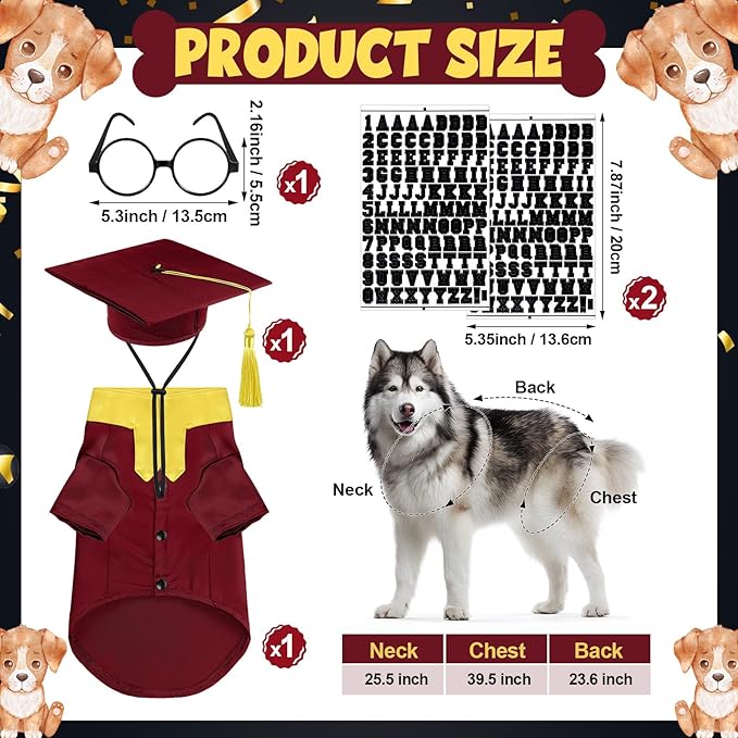 5 Pcs Dog Graduation Costume Set Include 2026 Pet Graduation Gown with Stole Puppy Grad Cap Lensless Glasses DIY Letter Stickers for Dogs Cats Holiday Costume Accessory(Maroon Yellow,XXL)
