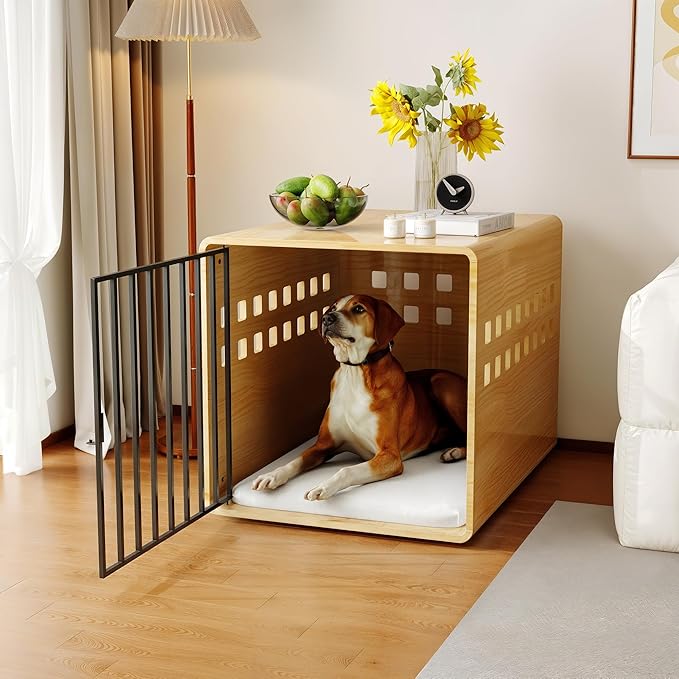 Wooden Puppy Crates for Small Dogs, Pinewood 30 inch Small Dog Crate Kennel Indoor Cage Furniture Heavy Duty, Pet House End Table for Bedroom, Living Room, Natural