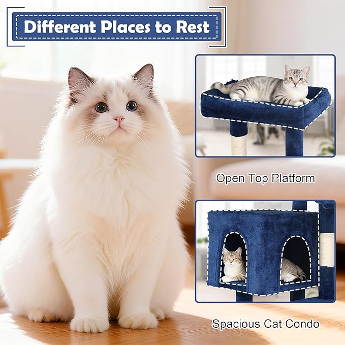 BLKMTY 36" Cat Tree Tall Cat Tower for Indoor Cats Condo Climber with Scratching Post, Climbing Stand, Plush Top Perch and Mouse Toy Cats Playhouse Kitty Activity Trees with Hammock, Navy Blue