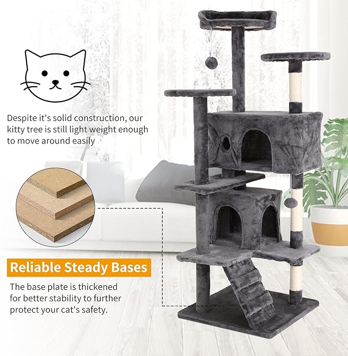 BLKMTY Cat Tree 70" Tall Cats Tower Large Cat Condo Climber Cats Climbing Stand with Top Perches Playhouse and Climbing Ladder Kitty Activity Tree w/Scratching Post Toys, Ashy