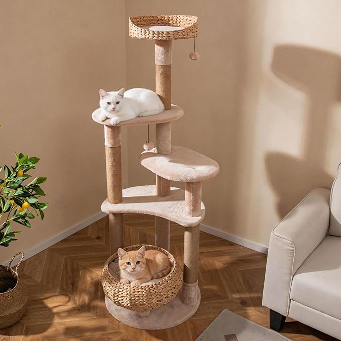 PETSITE 65-inch Cattail Cat Tree Tower, Multi-Level Cat Tower with Natural Jute Scratching Posts, Cat Bed, Top Perch, Dangling Balls and Jumping Platforms, Modern Tall Cat Tree for Indoor Cats