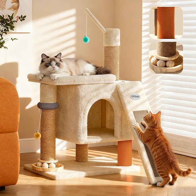 【SteadyCore】 PetDance All-in-1 Cat Tree Tower with Heavy Duty Board, Solid-Wood,Small Cat Tower with Multiple Fun:Interactive Track Ball Toy & Self-Grooming Brush for Indoor Cats,Beige