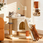 【SteadyCore】 PetDance All-in-1 Cat Tree Tower with Heavy Duty Board, Solid-Wood,Small Cat Tower with Multiple Fun:Interactive Track Ball Toy & Self-Grooming Brush for Indoor Cats,Beige