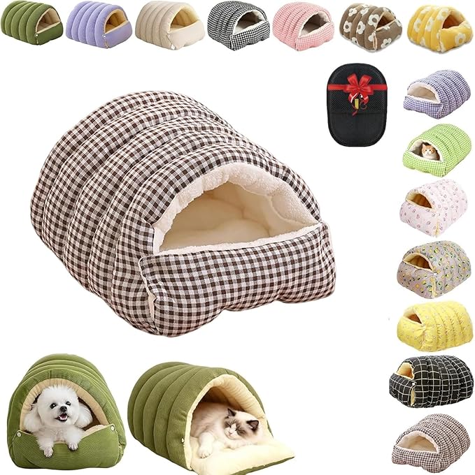 Removable and Washable Winter Closed-Off Cat Bed, Cutypet Winter Cave, Warm Foldable Secure Pet Nest for Indoor Cats & Small Dogs, Comfor Plush Snuggle Hut for Kitty, Puppy, Pets (Linen-Black,M)