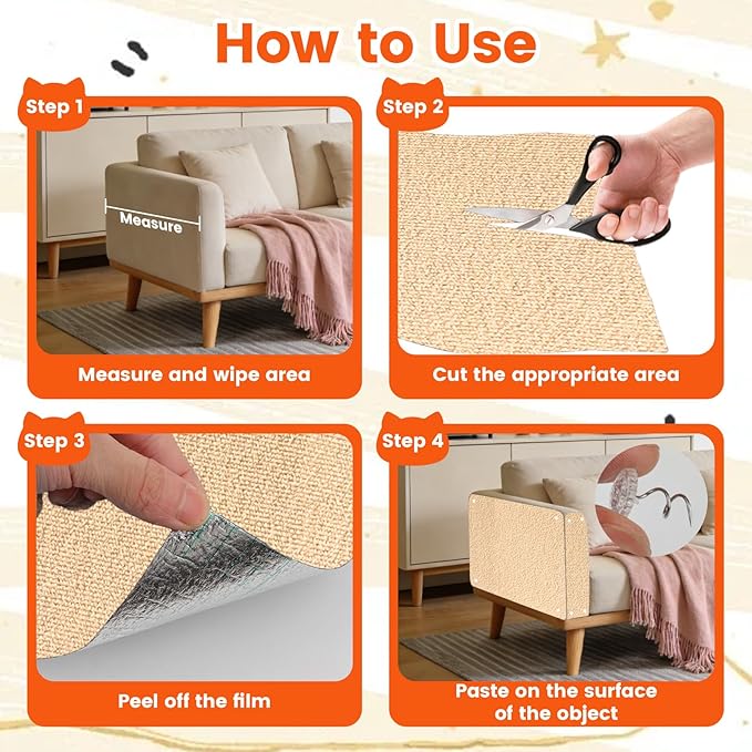 78.7"x15.8" Self-Adhesive cat Scratch pad - Trimmable Furniture Protector for Couch, Walls & Cat Trees | DIY Climbing Scratcher Pad with Twist Pins & Double-Sided Adhesives (Beige)
