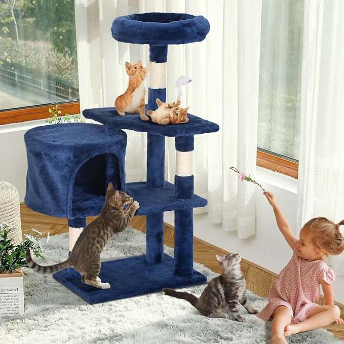Cat Tree, 36 Inches Indoor Cat Tree Tower Condo, Natural Sisal Cat Scratching Post with Cozy Bed, Small Cats Tree for Kittens, Soft Perch & Cute Toys, Navy Blue