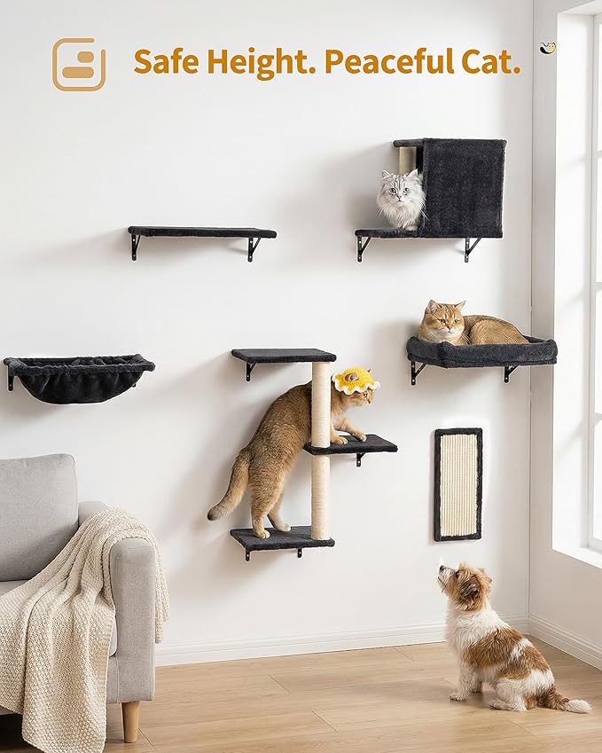 Heavy Duty Cat Wall Shelves for Large Cats, 6-in-1 Cat Furniture Set with 17" × 11.9" Large Perch Bed and Hammock, Cat Climbing Wall Systems with Vertical Cat Scratcher
