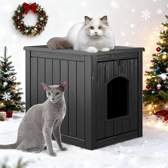 KAMABOKO Outdoor Cat House, Weatherproof PP Plastic Cat Shelter for Indoor & Outdoor Use, Durable All-Season Pet House for Feral & Stray Cats, Black