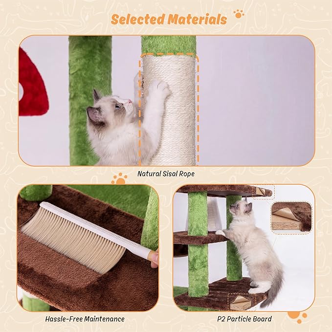 IRONCK Mushroom Cat Tree for Indoor Cats, 58" Multi-Level Cat Tower with Scratching Posts, Anti-Tip Extra Wide Base, Plush Cat Condo & Hammock Furniture for Cats, Easy Assembly