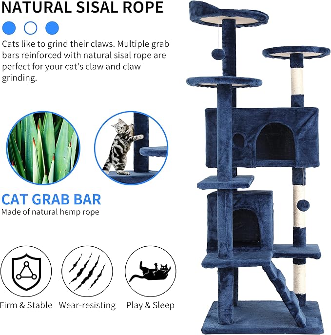BLKMTY Cat Tree 54" Tall Cats Tower Large Cat Condo Climber Cats Climbing Stand with Top Perches Playhouse and Climbing Ladder Kitty Activity Tree w/Scratching Post Toys, Navy Blue