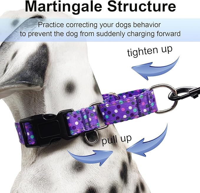 Reflective Martingale Collar for Dogs with Quick Release Buckle Cute No Pull Training Dog Collars (Purple Polka Dot, XSmall)
