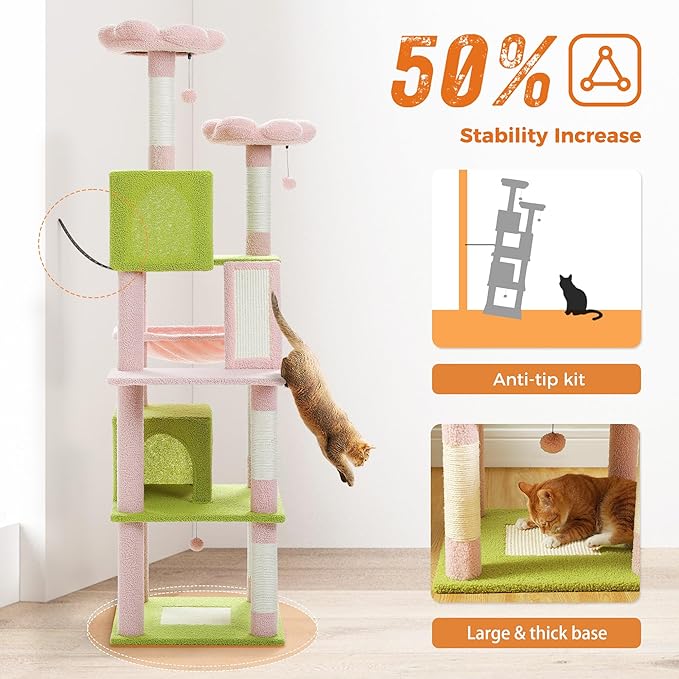 PAWZ Road Pink Cat Tower, 70 Inches Flower Cat Tree with 2 Cozy Condos, 2 Plush Perch, Large Basket, 2 Scraching Pad & 6 Scraching Posts for Indoor Cats Large Adult