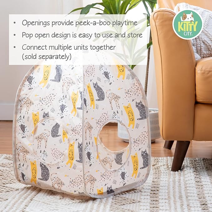 Kitty City Cat Print Pop-Up Cat Play House, Collapsible Indoor Cat Hideout with Peekaboo Openings, Lightweight Foldable Cat Cube for Play & Lounging, Pink