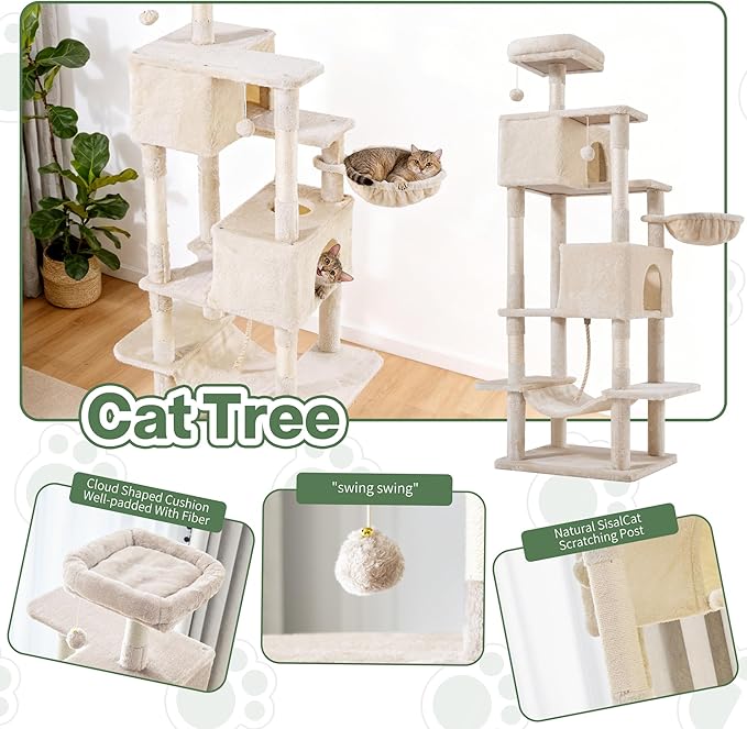 Cat Tree for Indoor Cats, 66 Inches Cat Tower with Scratching Post, Multi-Level Climbing Tree Cat House Padded Plush Perch, Cat Condo Activity Center with Pompoms, Kittens Pet Play House, Light Gray