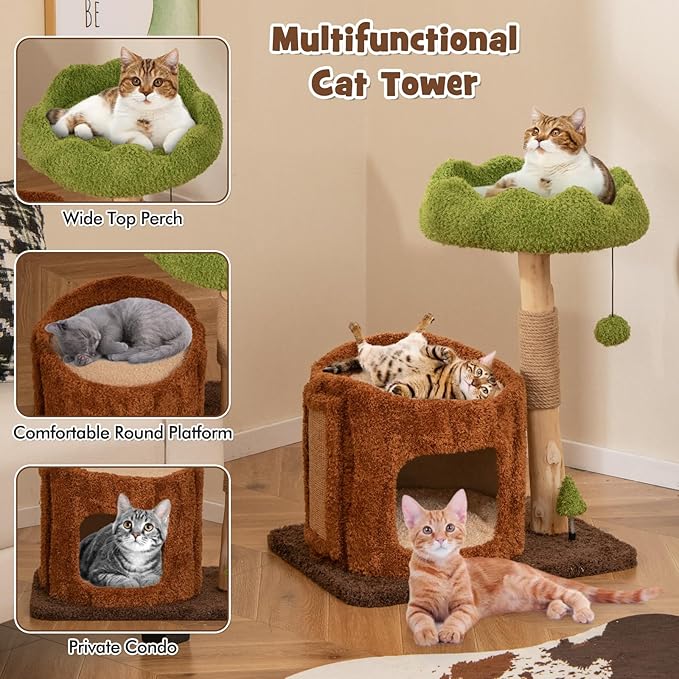 PETSITE 29 Inch Small Cat Tree for Indoor Cats, Modern Wooden Cute Cat Tree with Jute Scratching Post, Tree-Shaped Spring Toy, Teasing Hanging Ball and Teddy Fleece Covered Condo