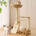 HITTITE Solid Wood Cat Tree Tower with Scratching Post, 36.6 Inches Tall Cat Towers with Scratching Board and Scratcher Ball, Modern Cat Tower With Space Capsule and Hand-Woven Basket for Indoor Cats.