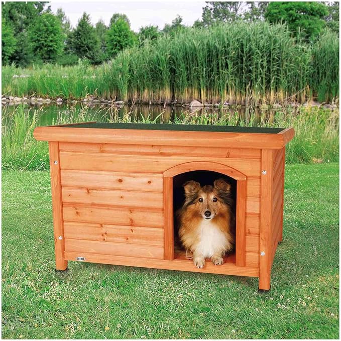 TRIXIE natura Classic Dog House - Wooden Outdoor Shelter with Weatherproof Sealer, Hinged Roof & Adjustable Legs for Small Dogs - Brown – 23.75 x 33.5 x 23 in