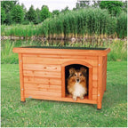 TRIXIE natura Classic Dog House - Wooden Outdoor Shelter with Weatherproof Sealer, Hinged Roof & Adjustable Legs for Small Dogs - Brown – 23.75 x 33.5 x 23 in