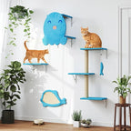 5 Pcs Wall-Mounted Climber Set, Wood Indoor with Shelves and Perches, Ladder, Condo House, Scratching Board and Tree, Wall Shelves Furniture for Cats (Ocean Blue)