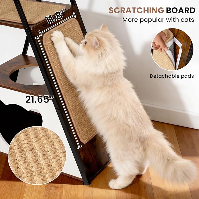 71" Modern Wood Cat Tree for Large Cats—Heavy Duty Tall Cat Tower for Indoor Cats, Multi-Level Cat Furniture with Condo, Large Perch, Scratching Posts & Hammock (Burnt Wood with White Cave)