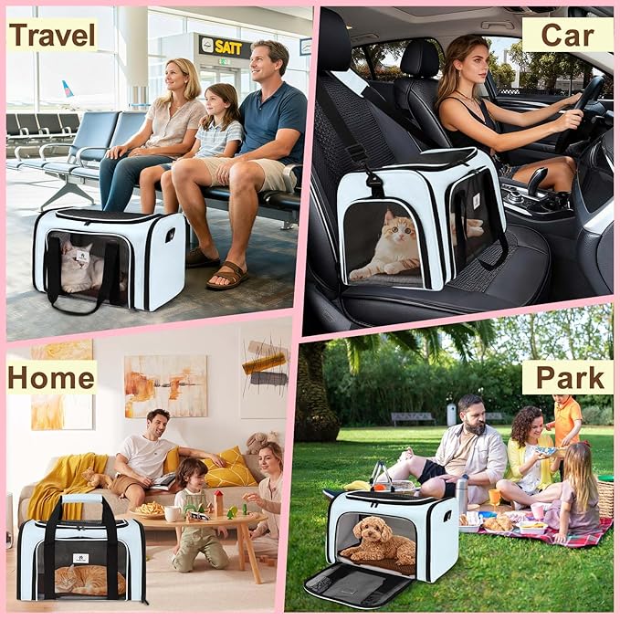 Cat Carrier Dog Carrier - Soft-Sided Cat Carrier with Plush Pad & Cooling Mat, Easy-Load 4-Side Zipper & 3-Side Mesh Ventilation, Pet Carrier Airline Approved for Cats/Dogs Up to 16 lbs, Blue