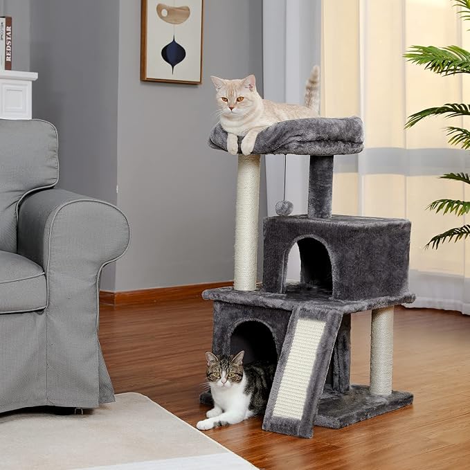 33.8 Inch Large Cat Tree Condo with Sisal Scratching Posts Perches Houses, Double Room Cat Tower Furniture Kitty Activity Center Kitten Play House (Grey2)