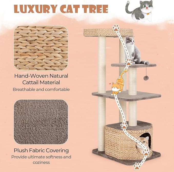 Tangkula Modern Cat Tree, 52 Inch Cattail Cat Tower with Sisal Scratching Posts, Perch, Condo, Plush Dangling Ball, Removable & Washable Cushion, Aesthetic Cat Tree for Indoor Cats (52 Inch, Cattail)