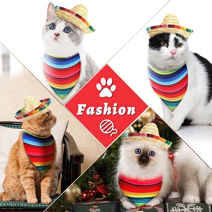 8 Pcs Mexican Dog Costume Sombrero Mexican Hats Dog Sombrero Hats and Colorful Stripe Dog Bandana Pet Triangle Bib Pet Scarf for Fiesta Cinco de Mayo Pets Accessories