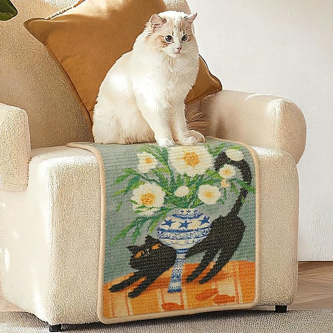 3-in-1 Sisal Cat Scratch Mat 23.6x15.7'' Floor & Wall Cat Scratcher Pad, Protects Carpet Couch & Furniture with Sticker Tape, Anti-Slip, Durable for Indoor Outdoor Cats (Srping)