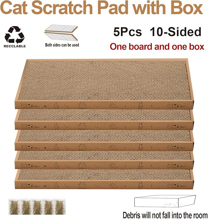 Cat Scratcher Cardboard with Box Durable Corrugate Scratching Kitty Sofa Lounge Bed Reversible Catnip Included for Indoor Cats, Cat Scratching Pad, Cat Post, Double-Sided Design, Large (Box,5pcs)