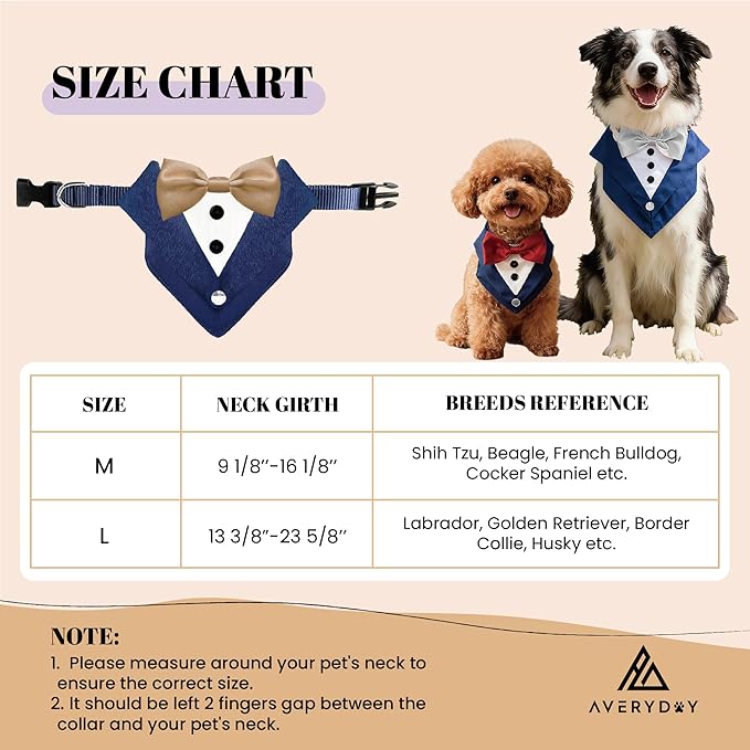 AVERYDAY Dog Tuxedo Bandana Collar for Wedding Outfit, Dog Tux Costume with Bowtie, Pet Harness with Leash Ring for Birthday Party Christmas, Formal Wear Suit and Tie for Small Medium Large Breeds