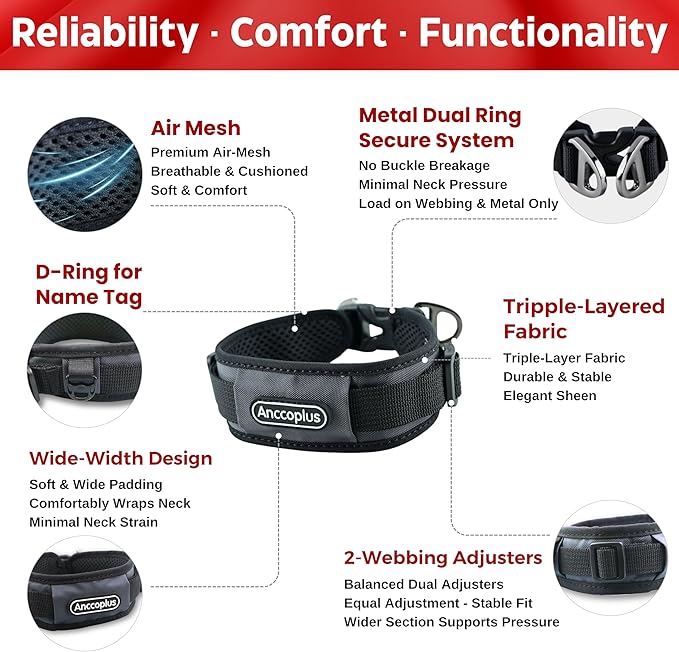 Comfort Fit Dog Collar, Anti-Choke Neck Safe Dog Training Collar, Wide Padded, Breathable, Adjustable with Dual D-Rings, Soft Cushion Neck Protector for Dogs (S, Gray)