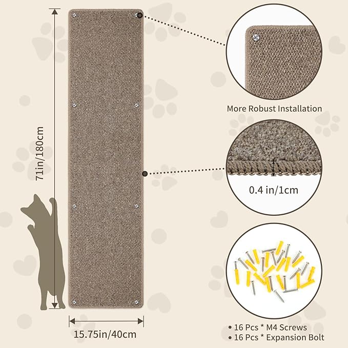 FHTONGE 71x15.8 Thickened Cat Wall Climbing Carpet with 16 Fixed Nails, Extra Large Tall Cat Scratch Pad for Wall, Wall Mounted Climbing Cat Scratcher for Furniture Couch Sofa Protector(Choc Brown)