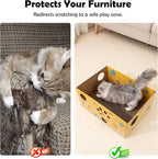 Pawise Heavy Duty Cardboard Cat Scratcher Box with 2 Refillable Scratcher Pads & Peekaboo Holes – Large Cat Scratch Box for Indoor Cats + Bonus Cat Toy Wand