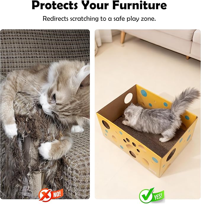 Pawise Heavy Duty Cardboard Cat Scratcher Box with 2 Refillable Scratcher Pads & Peekaboo Holes – Large Cat Scratch Box for Indoor Cats + Bonus Cat Toy Wand